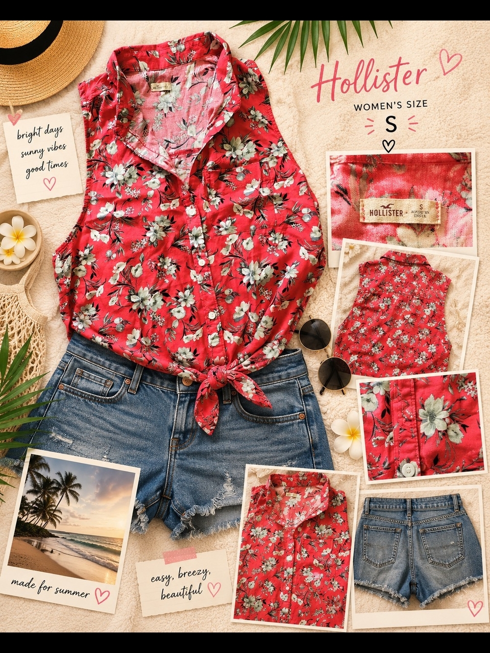 Hollister Red Floral Button-Front Tie Tank